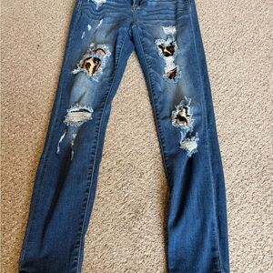 Judy Blue Distressed Skinny Jeans with Leopard Patch Details — Dark Blue